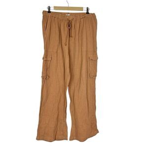 Roxy Pants Womens XL Tan Wide Leg Cargo Drawstring High-Waisted Cotton Gauze